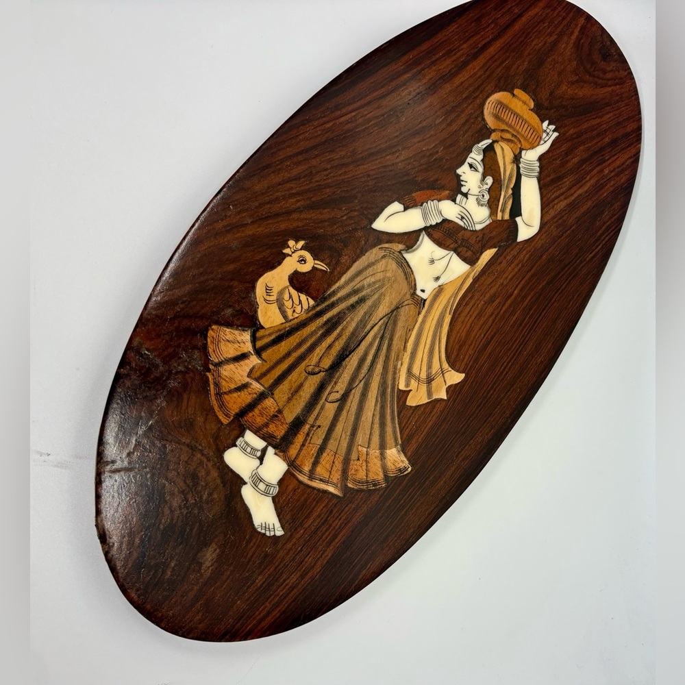 Indian Vintage Bone Inlay Wall Hanging Rosewood Oval